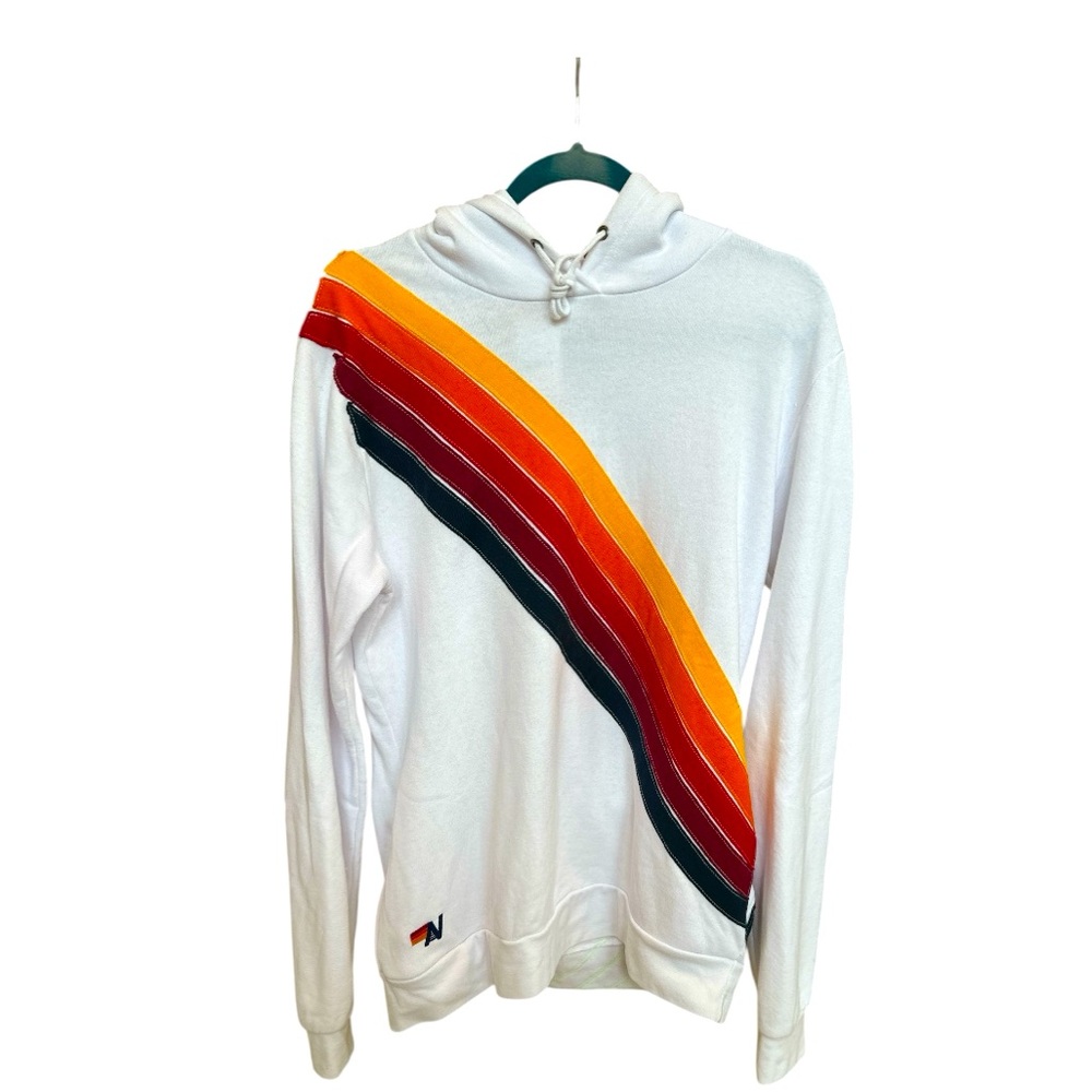 Aviator Nation White Hoodie with Rainbow Stripes